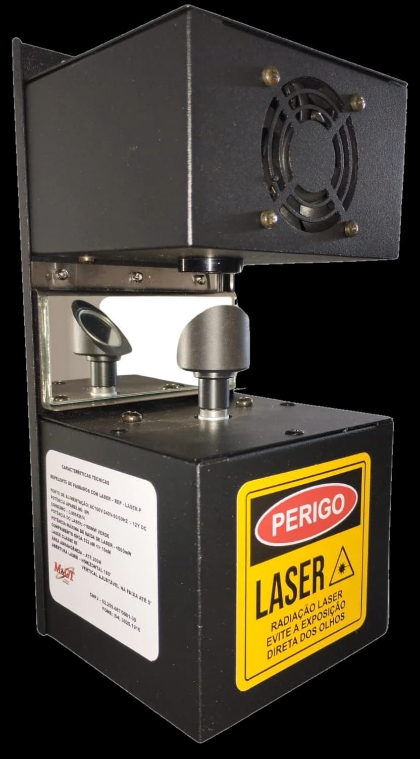 Repelente Laser REP-LASER-P: gabinete metálico preto com cabeçote de varredura, lente do laser e etiqueta de características técnicas